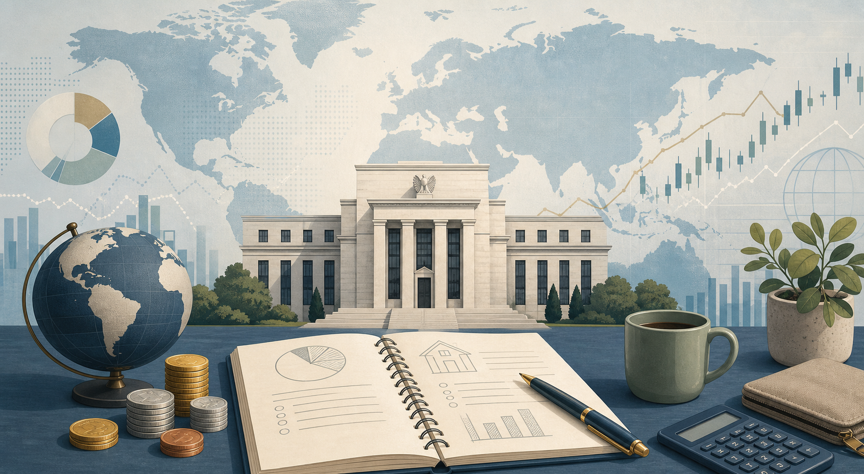 Ilustrační obrázek světových finančních trendů a domácího rozpočtu