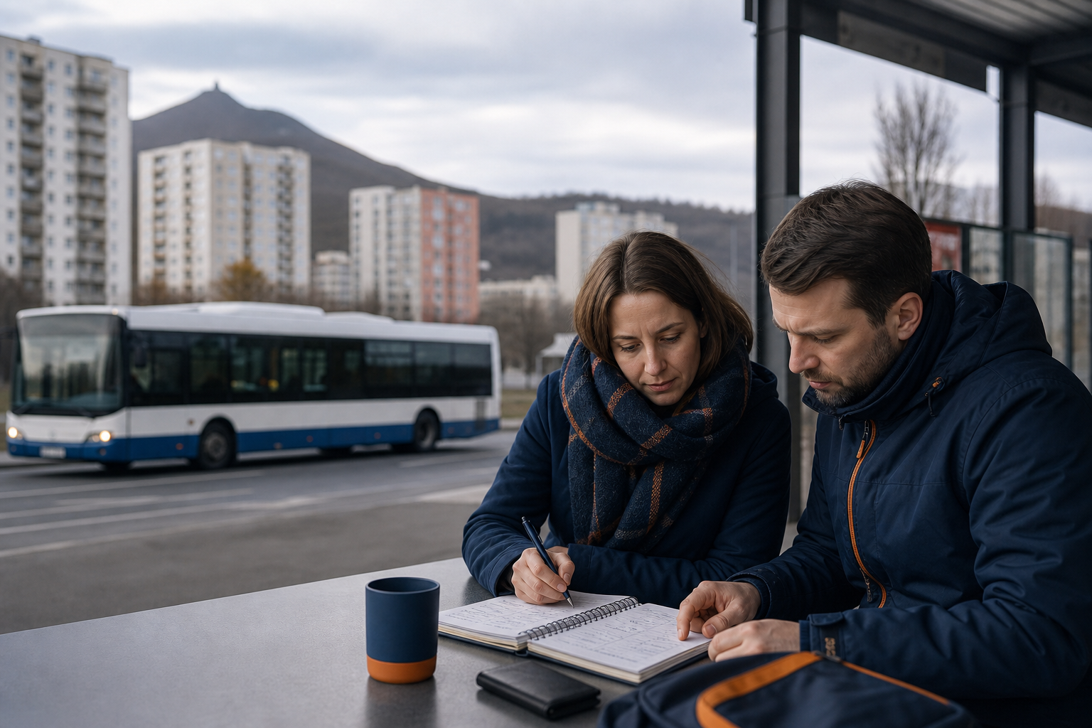 Ilustrační AI obrázek regionální dopravy na Mostecku, rozpočtu domácnosti a oranžové trasy v čistém magazínovém stylu