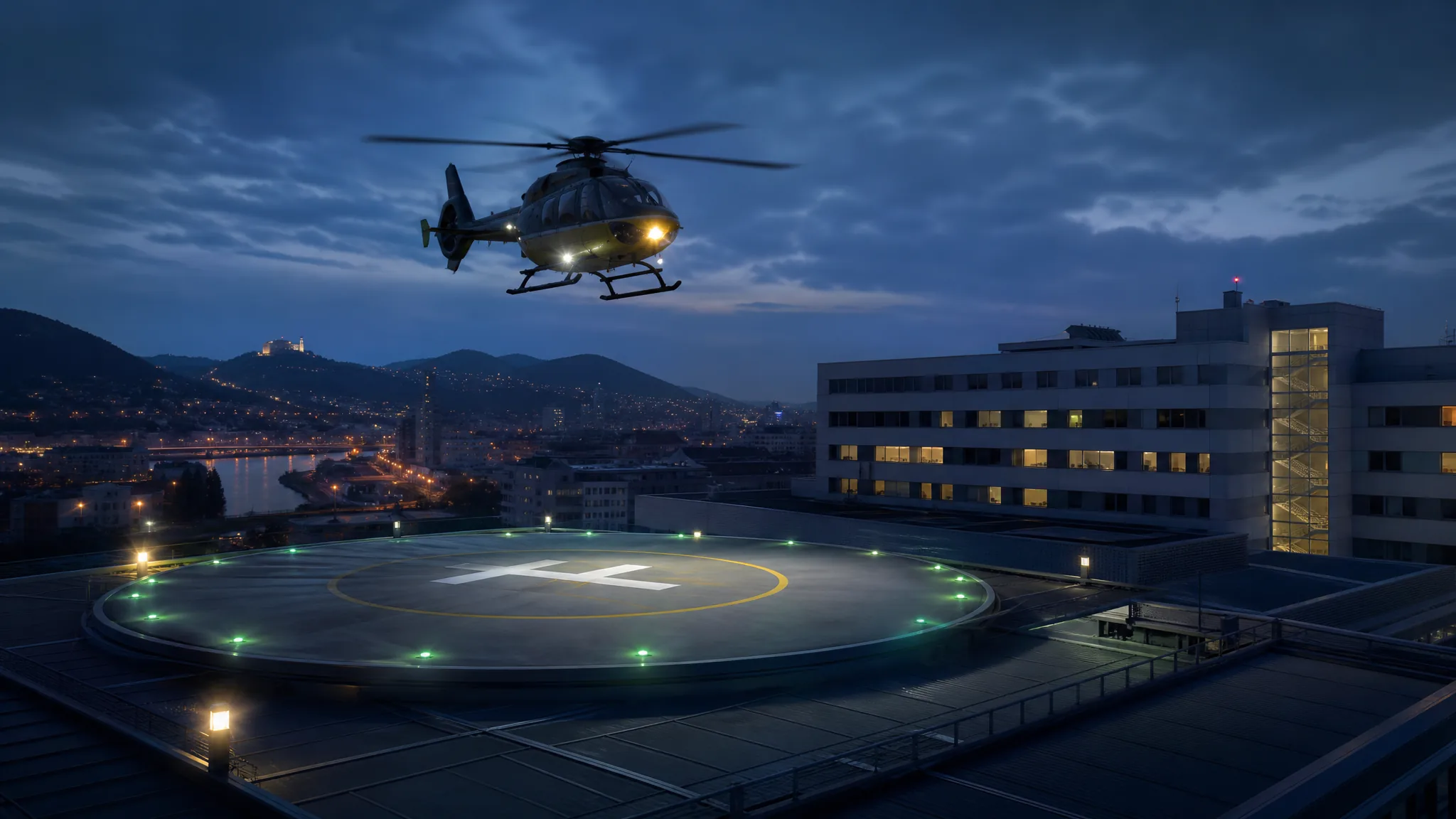 Noční heliport u nemocnice jako ilustrace rychlejší dostupnosti urgentní péče v Ústeckém kraji