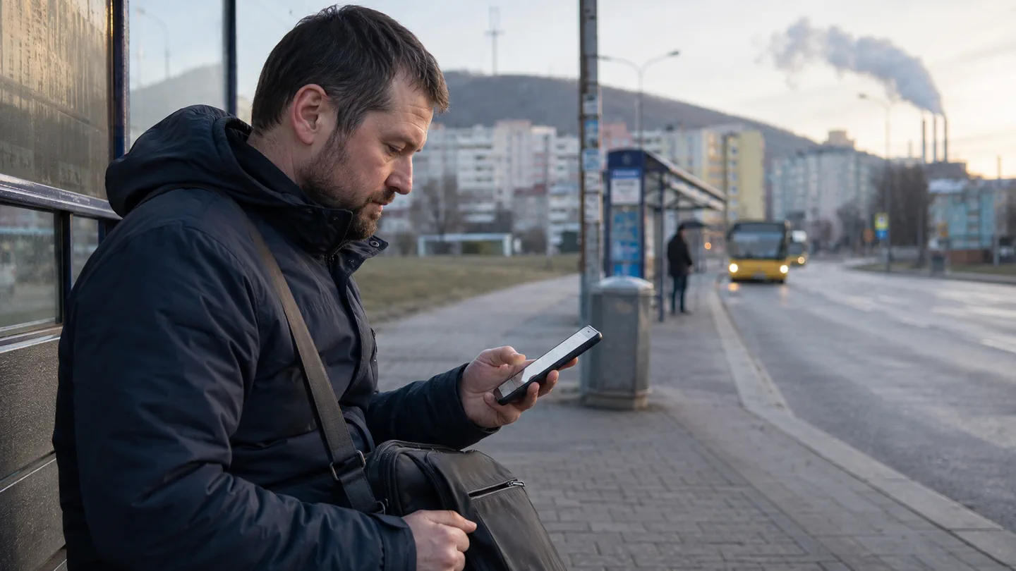 Muž ráno na zastávce v severočeském městě kontroluje telefon a pracovní tašku