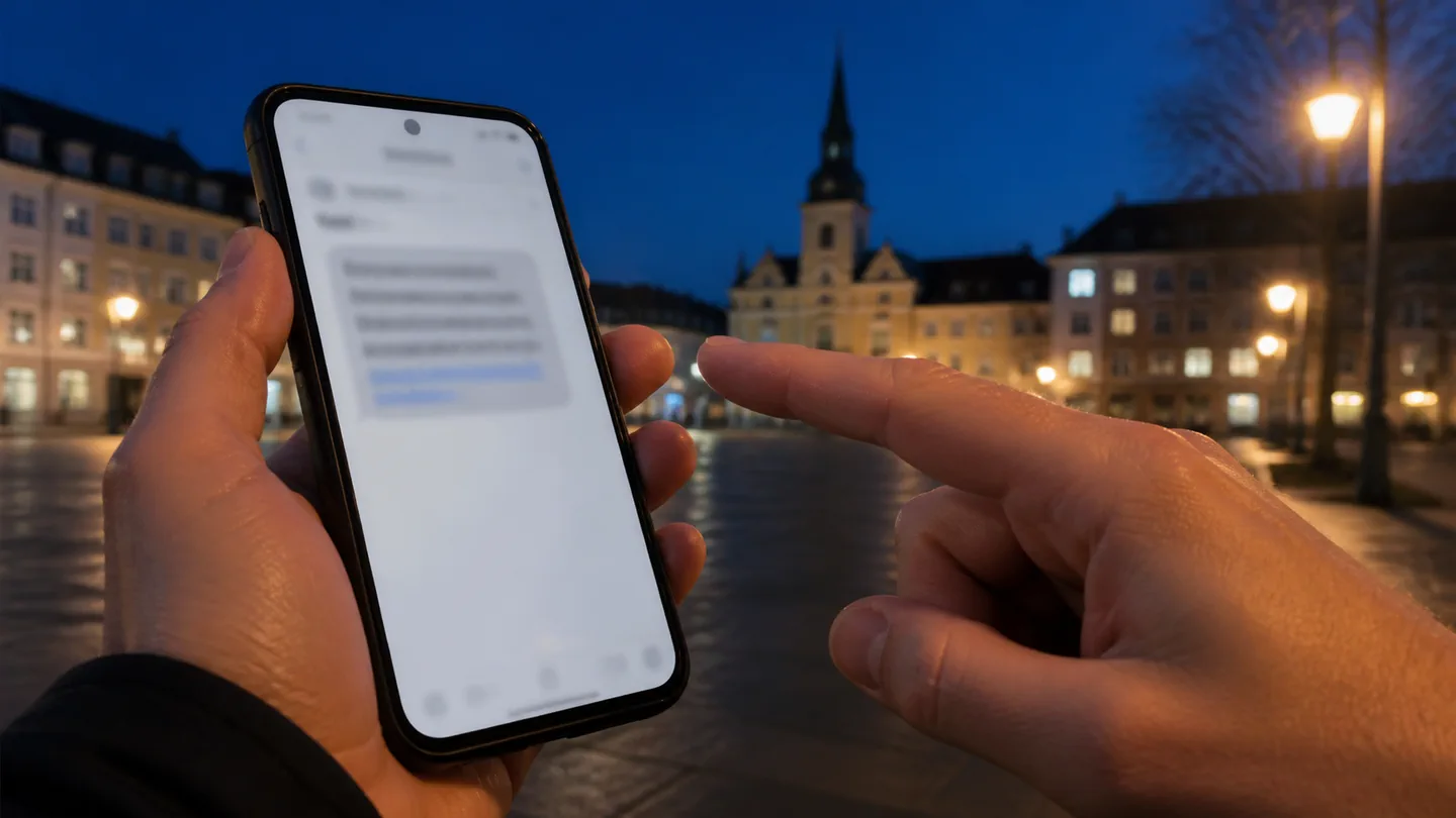 Ruka drží telefon s rozostřenou podezřelou zprávou a prst se zastavil před odkazem na večerním náměstí