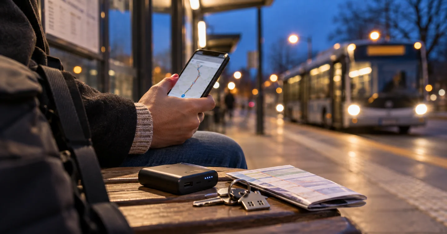 Neutrální redakční ilustrace bez konkrétního města: zastávka za soumraku, telefon s trasou, klíče a powerbanka.