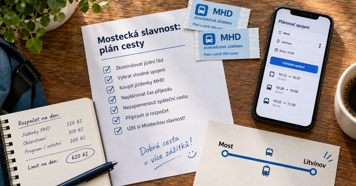 Ilustrační redakční vizuál plánování MHD mezi Mostem a Litvínovem bez zobrazení konkrétního města