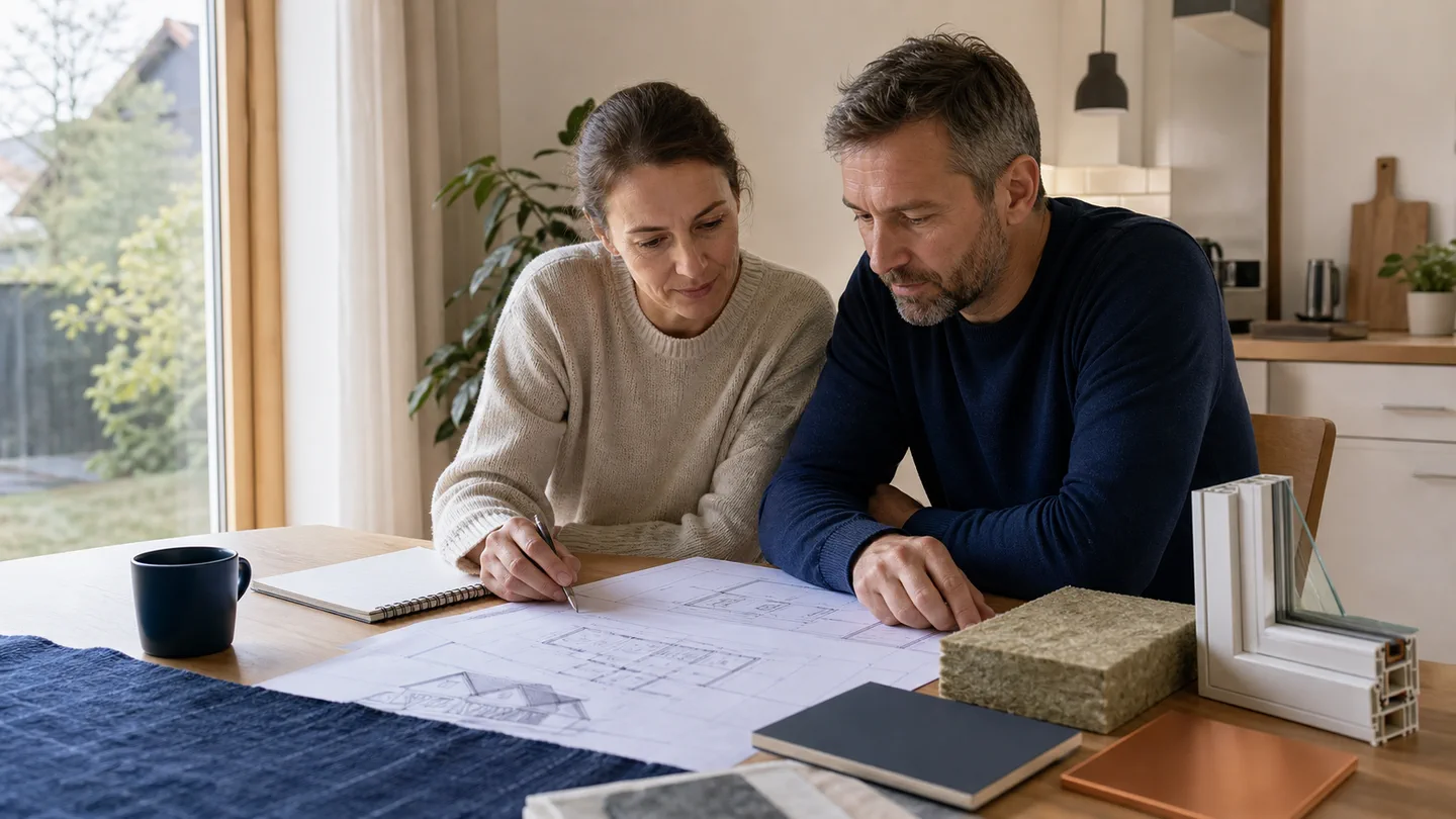 Majitelé domu probírají plán energetické renovace u stolu s projektovými podklady