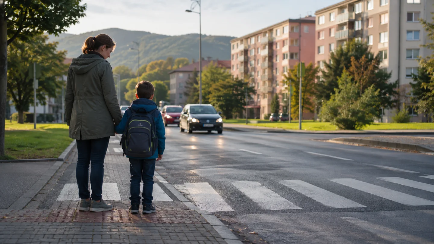 Rodič s dítětem čekají ráno u přechodu v severočeském městě